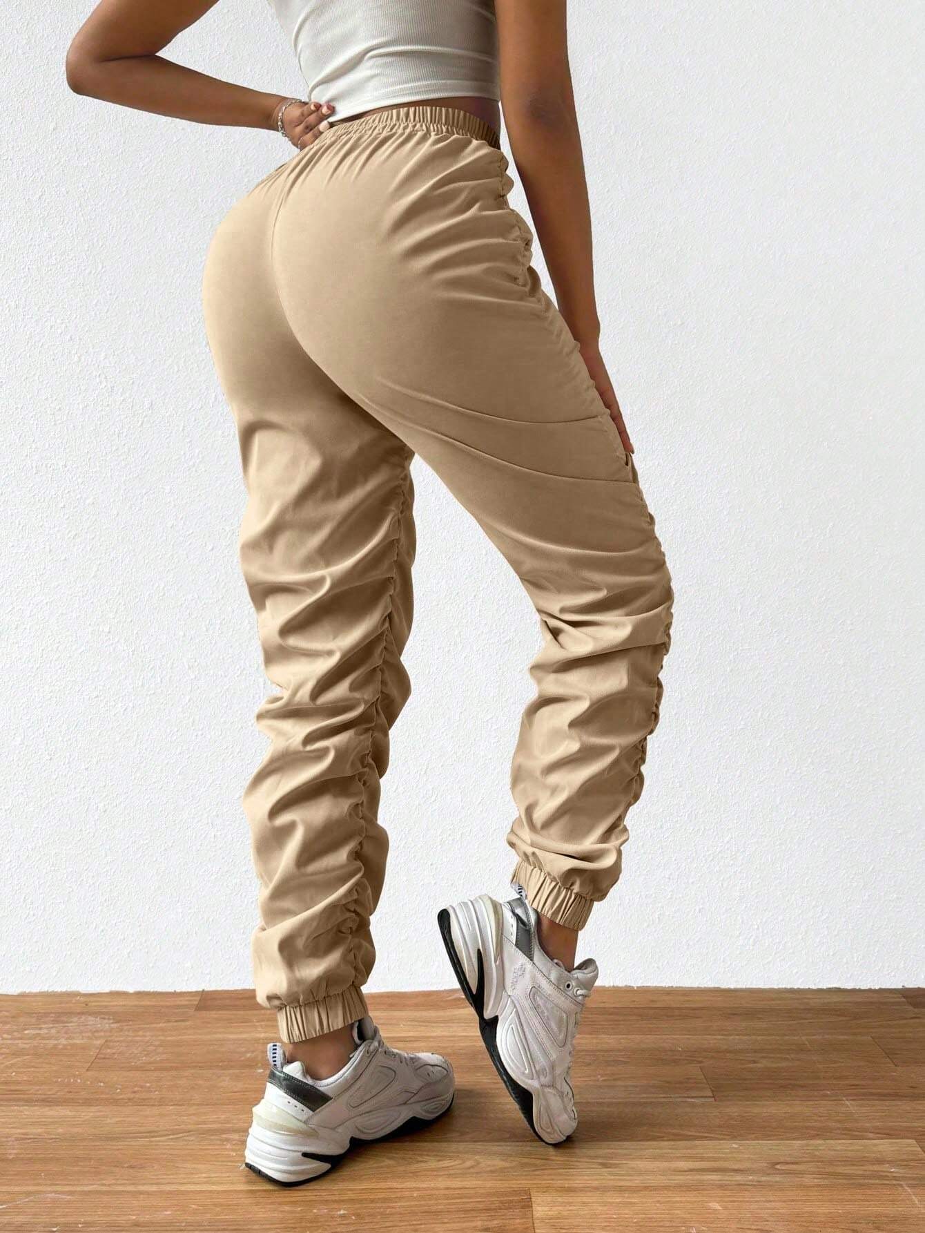 Solid Drawstring Pleated Long Pants