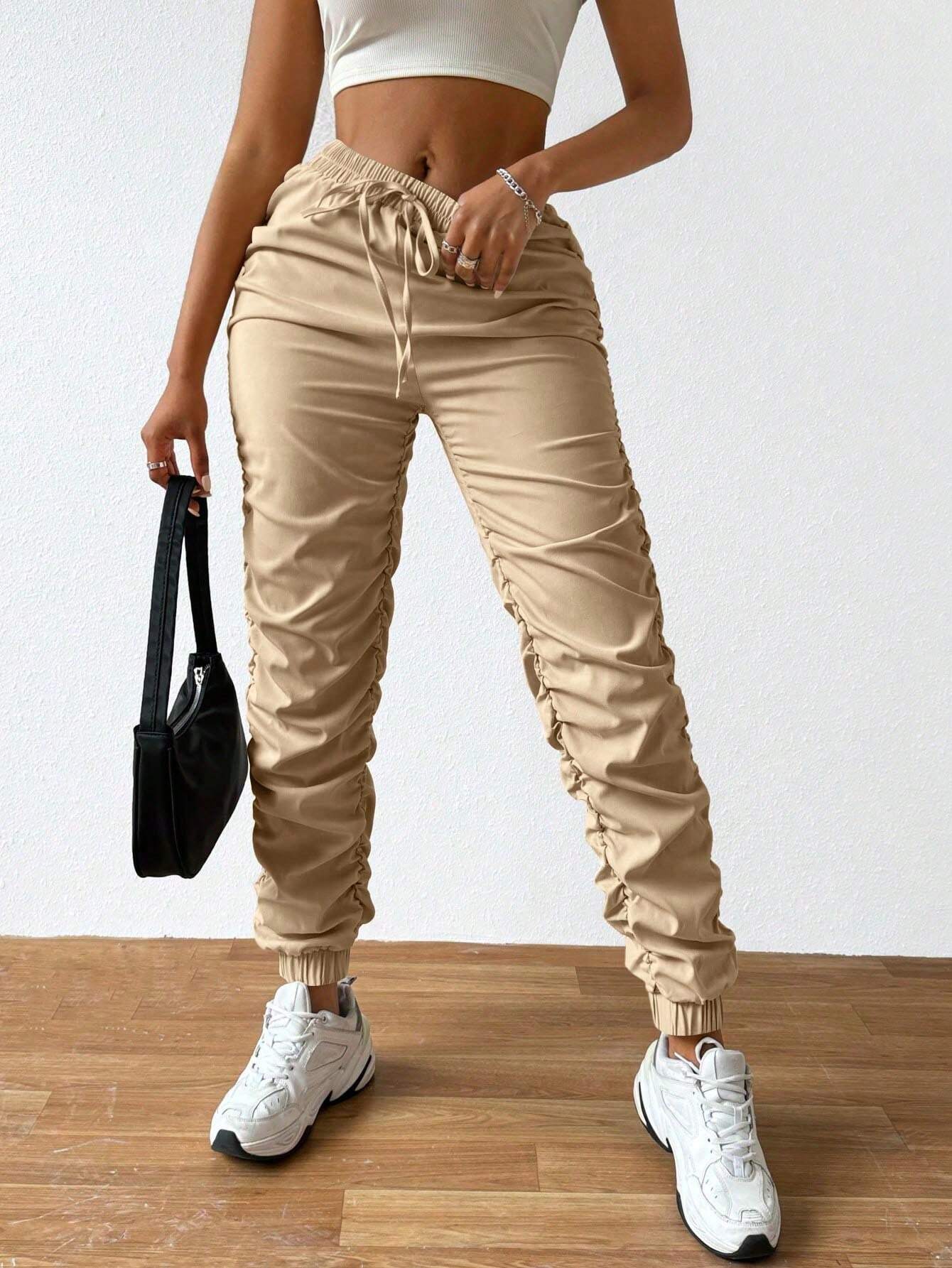 Solid Drawstring Pleated Long Pants