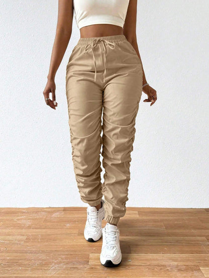 Solid Drawstring Pleated Long Pants