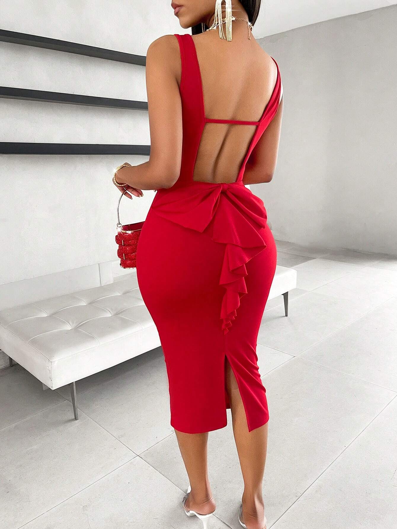 Back Bowknot & Open Back Bodycon Dress