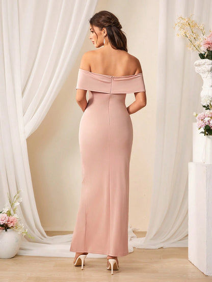 Solid Color Simple Daily off Shoulder Bridesmaid Dress