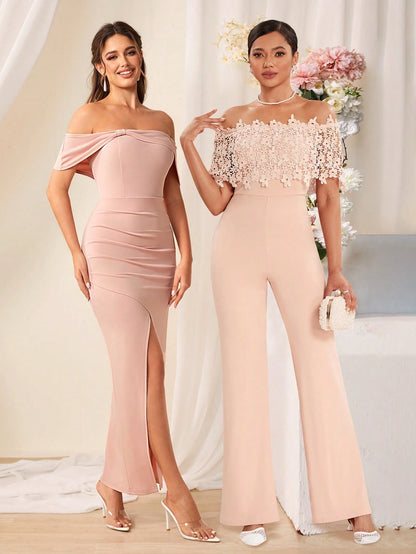 Solid Color Simple Daily off Shoulder Bridesmaid Dress