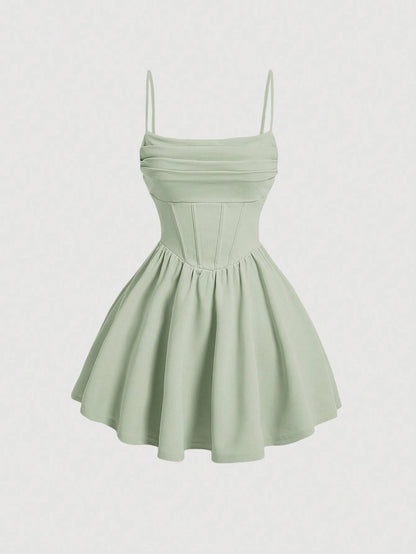 Women's Pleated Waist & Strap & A-Line Dress