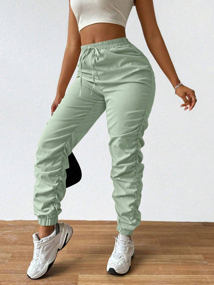 Solid Drawstring Pleated Long Pants