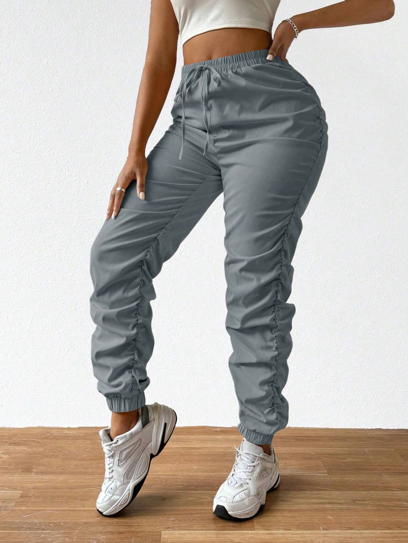 Solid Drawstring Pleated Long Pants