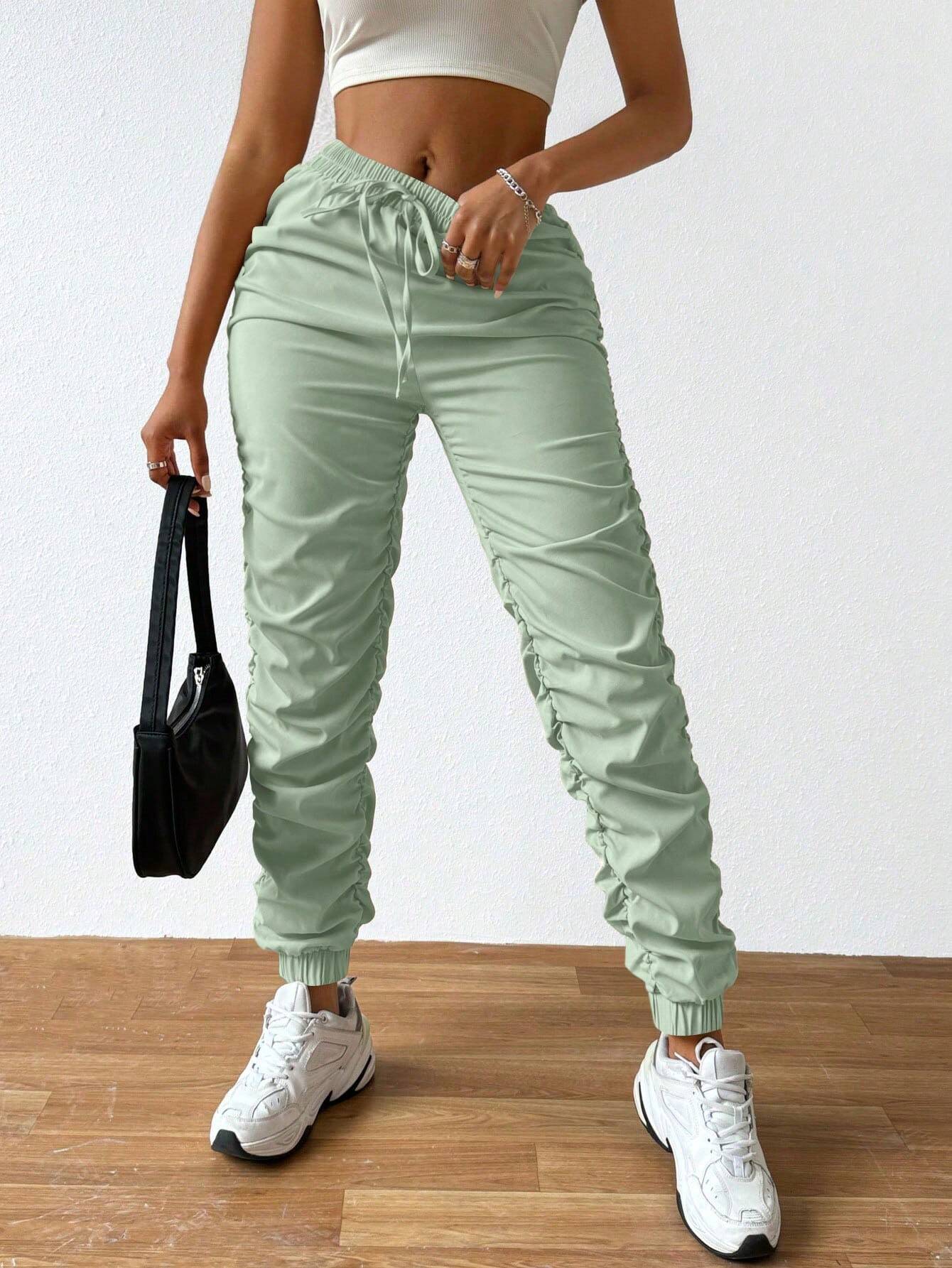 Solid Drawstring Pleated Long Pants