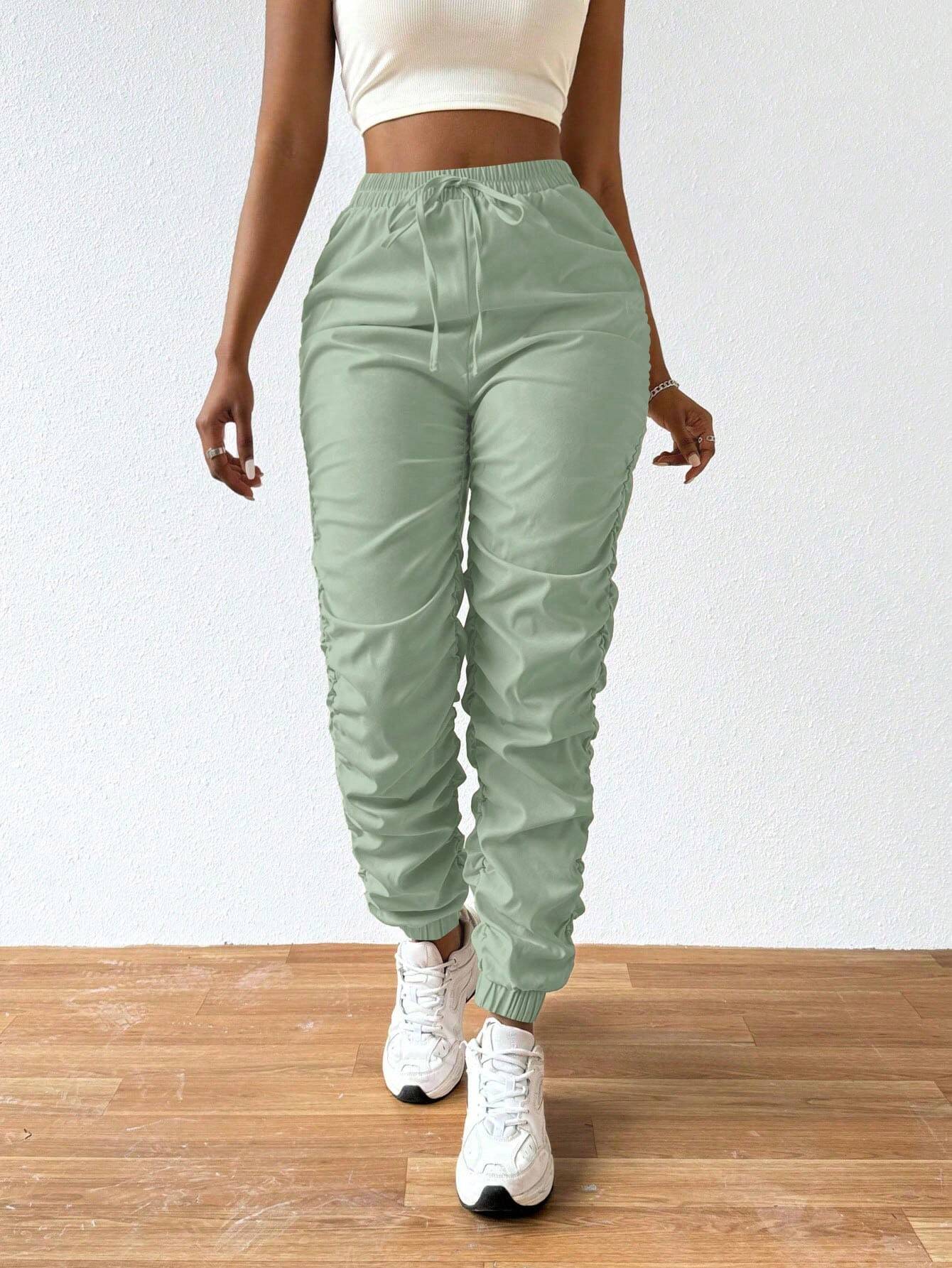 Solid Drawstring Pleated Long Pants