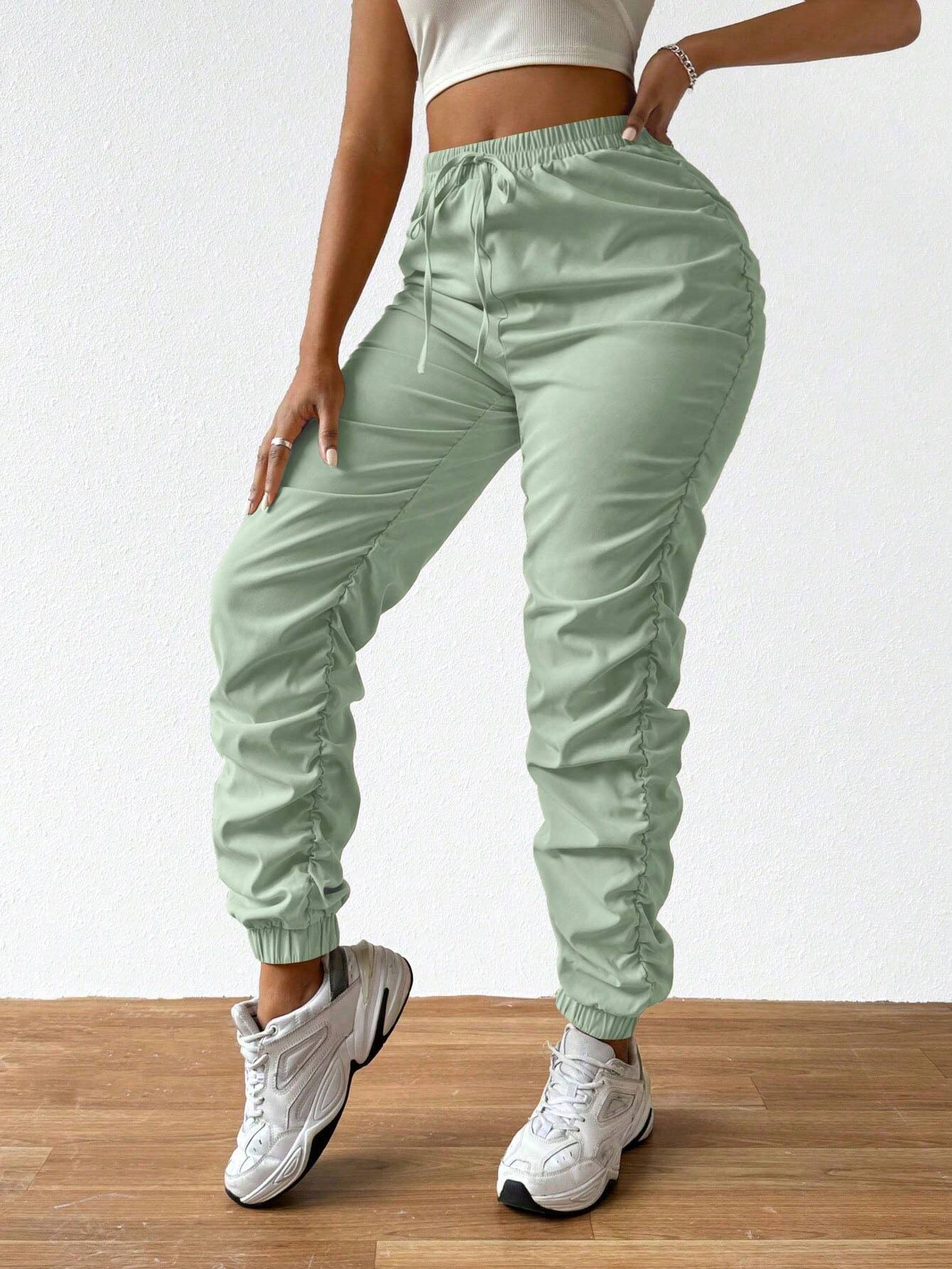 Solid Drawstring Pleated Long Pants