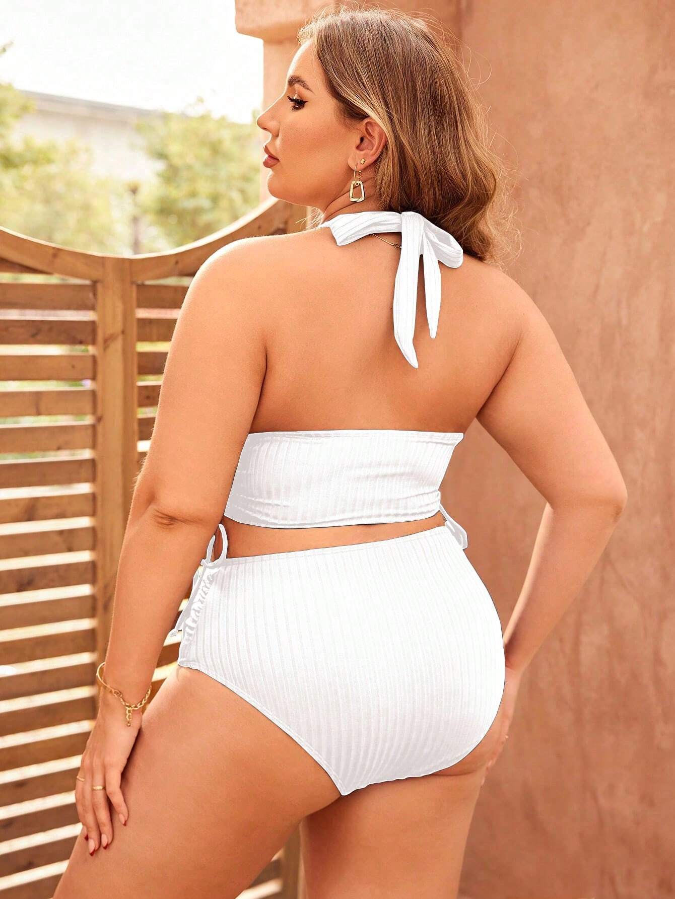 Swim Curve plus Size Solid Color Drawstring Ruched Bikini Set and Bikini Set with Halter Summer Beach