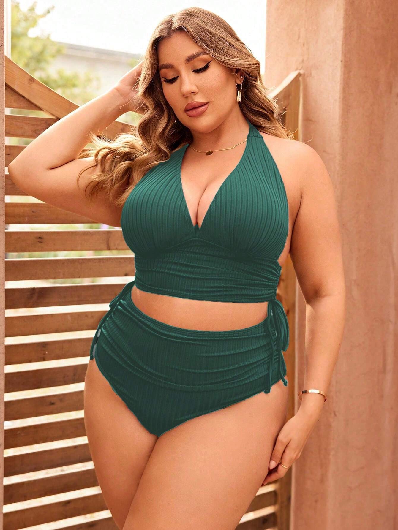 Swim Curve plus Size Solid Color Drawstring Ruched Bikini Set and Bikini Set with Halter Summer Beach