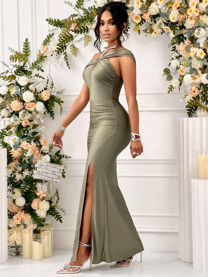 Belle One Shoulder Solid Ruched Slit Thigh Formal Dress Asymmetrical Button Mermaid