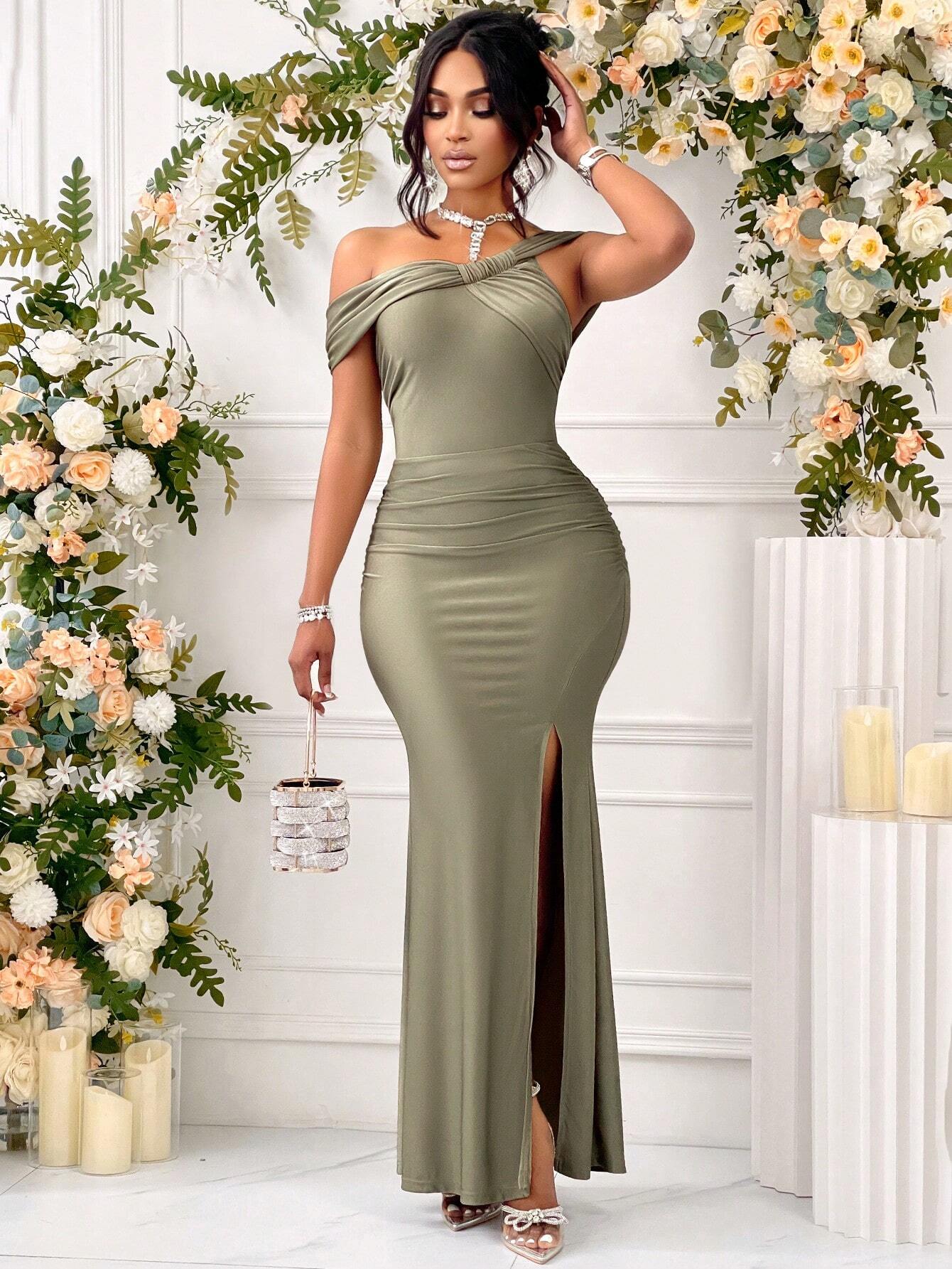 Belle One Shoulder Solid Ruched Slit Thigh Formal Dress Asymmetrical Button Mermaid