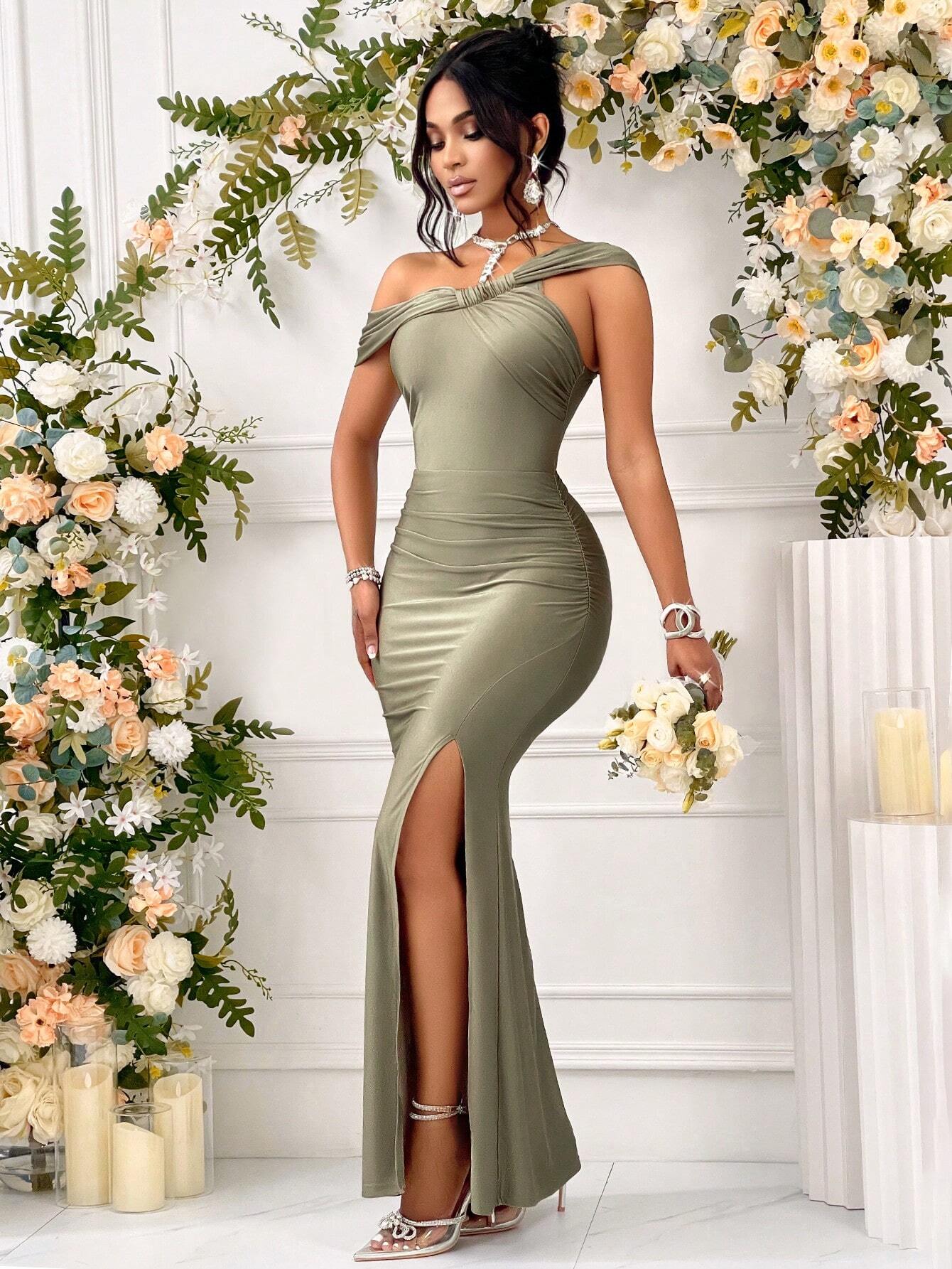 Belle One Shoulder Solid Ruched Slit Thigh Formal Dress Asymmetrical Button Mermaid