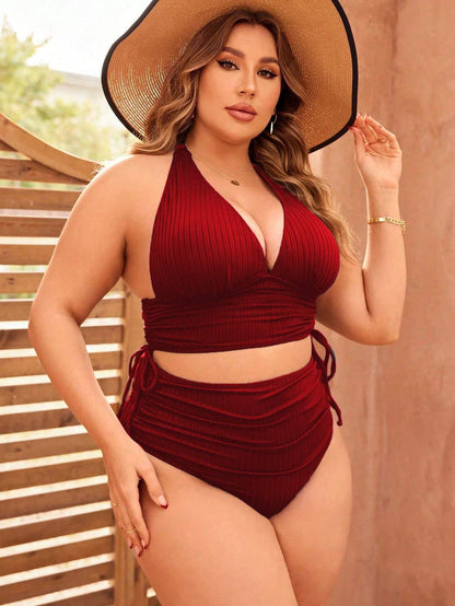 Swim Curve plus Size Solid Color Drawstring Ruched Bikini Set and Bikini Set with Halter Summer Beach