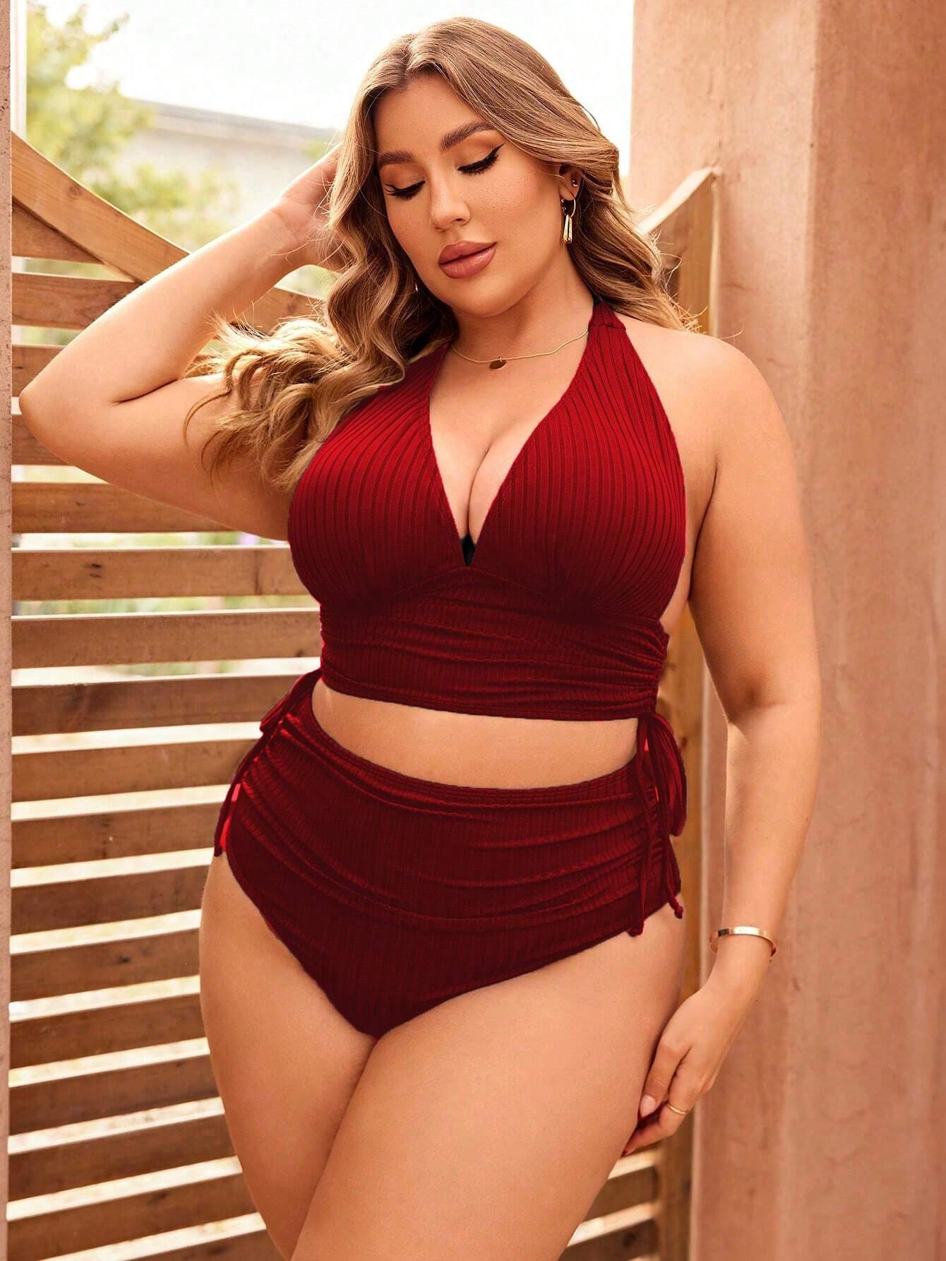 Swim Curve plus Size Solid Color Drawstring Ruched Bikini Set and Bikini Set with Halter Summer Beach