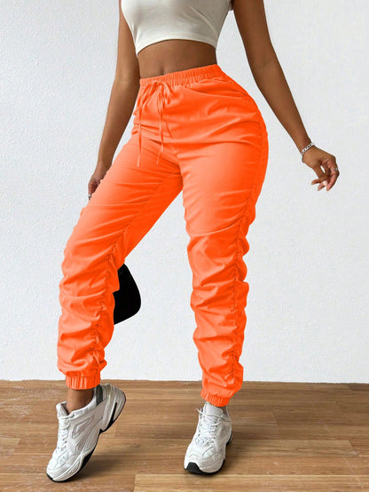 Solid Drawstring Pleated Long Pants