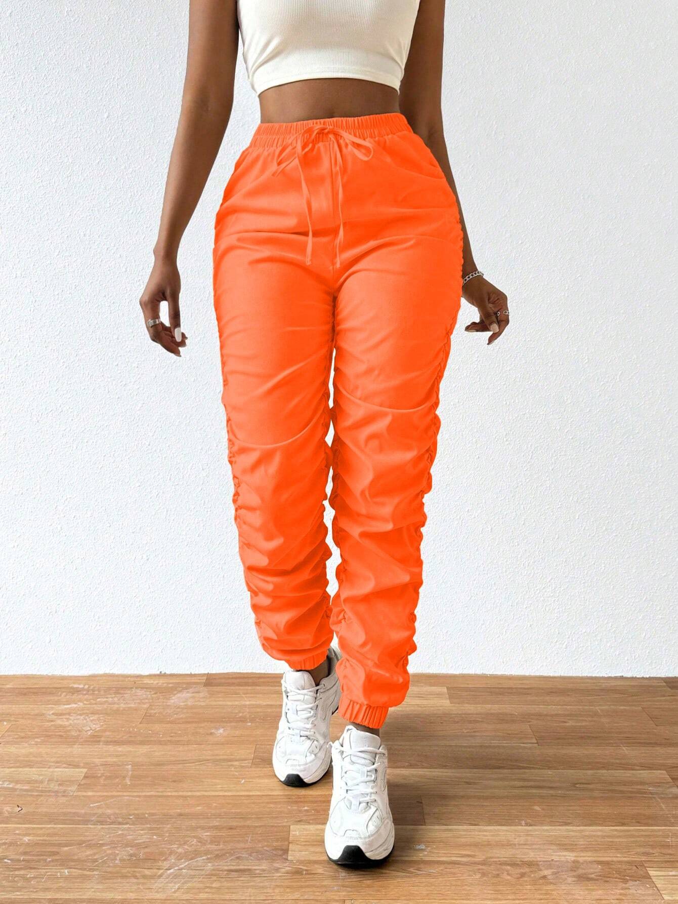 Solid Drawstring Pleated Long Pants