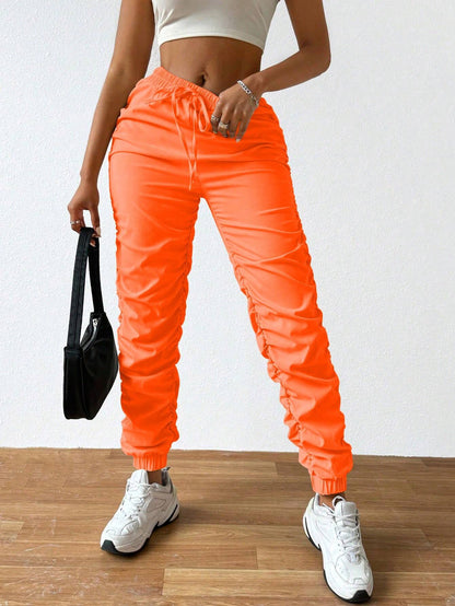 Solid Drawstring Pleated Long Pants