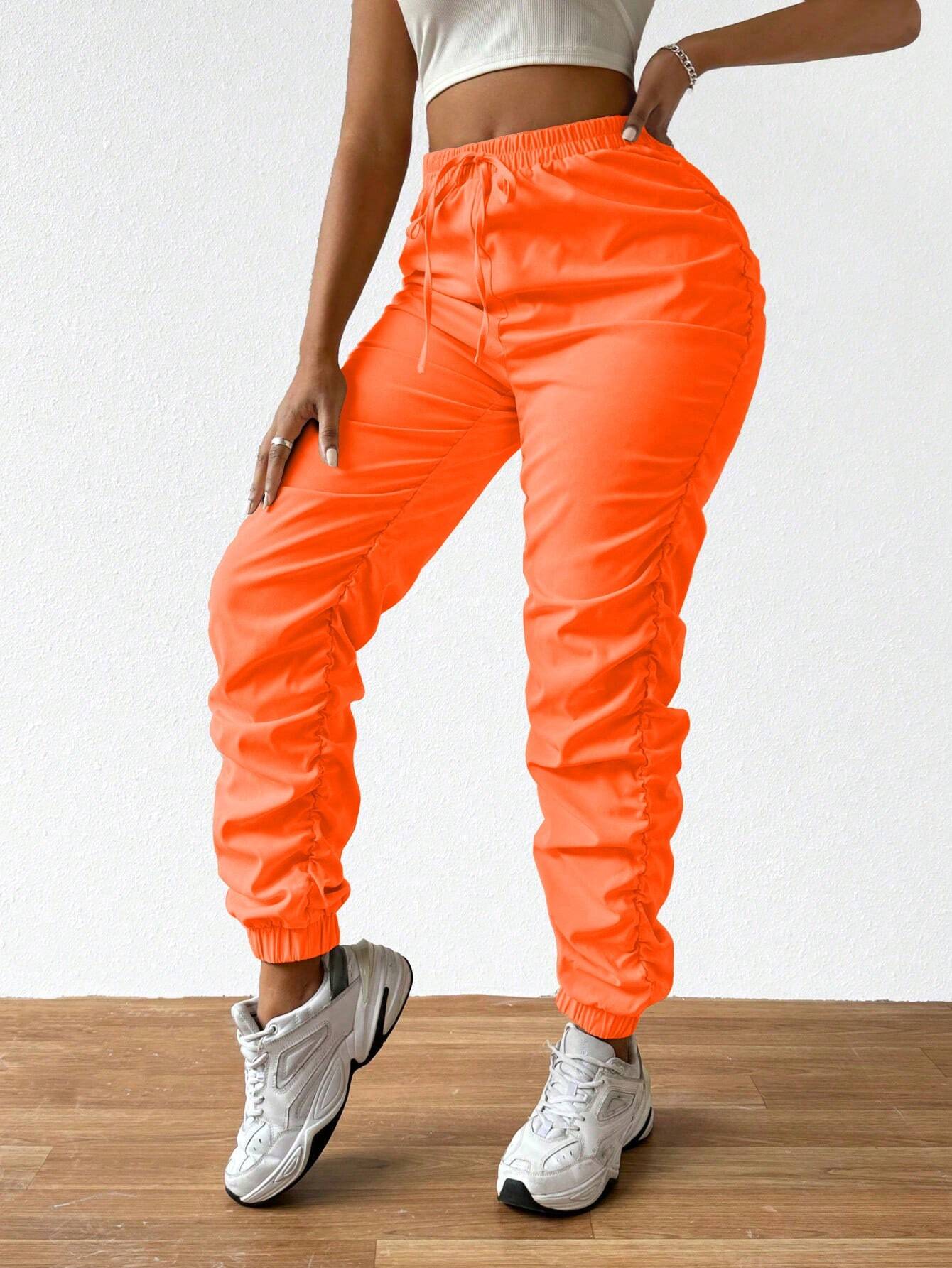 Solid Drawstring Pleated Long Pants