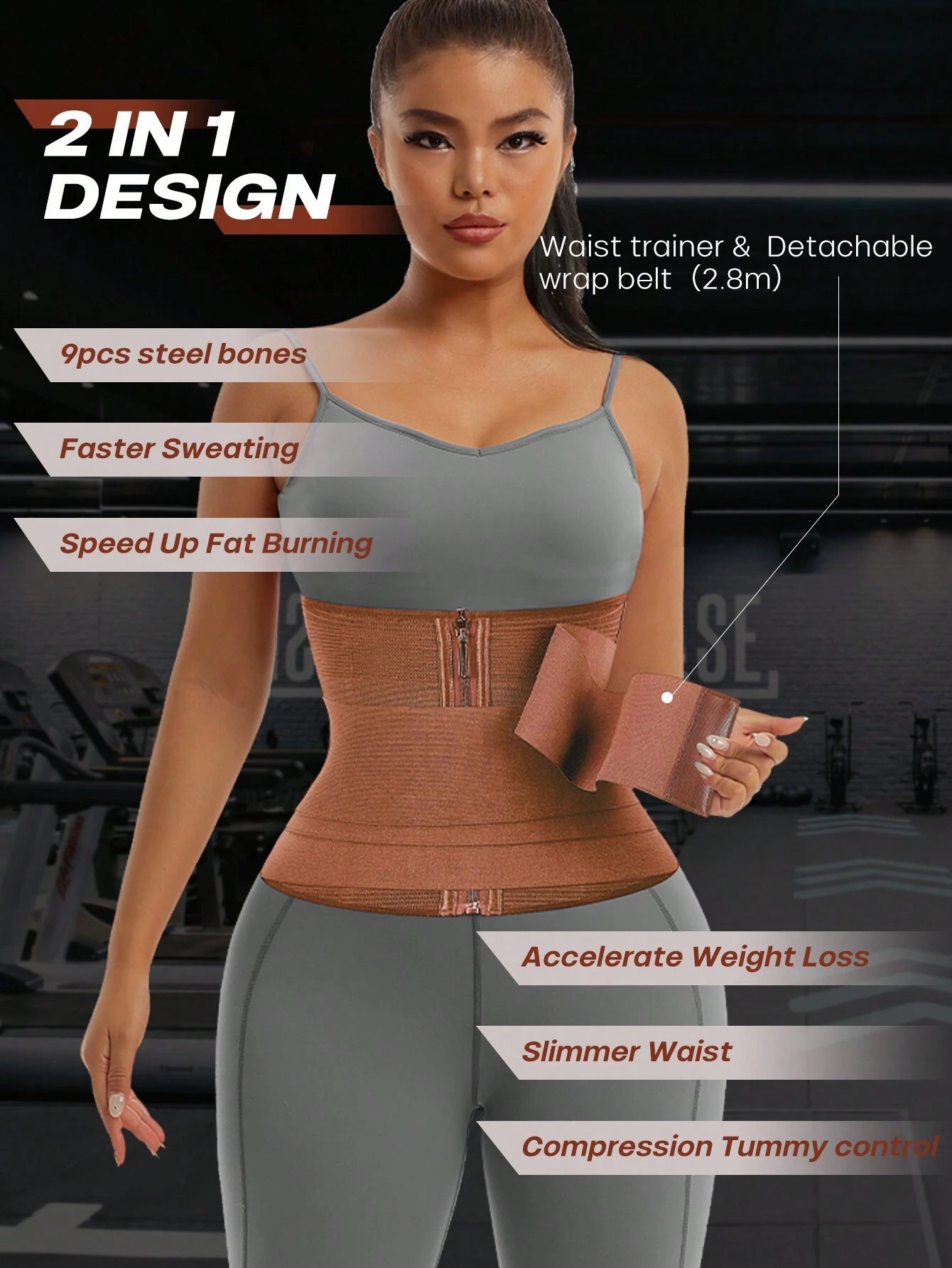 1Pc 2 in 1 Waist Trainer Belt Shapewear Corset Slimming Waist Flat Belly Faja with Zipper in Front, Sports