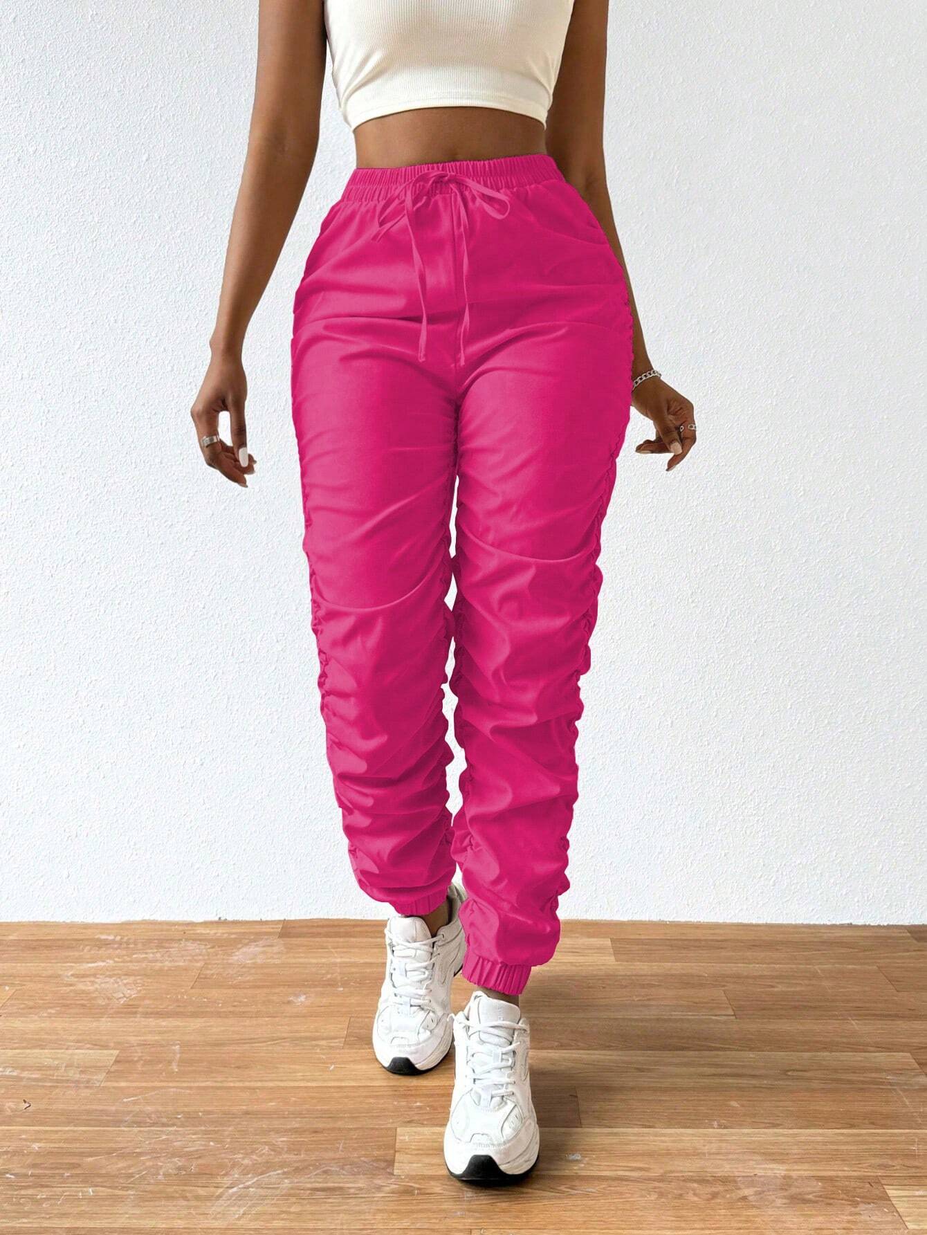 Solid Drawstring Pleated Long Pants