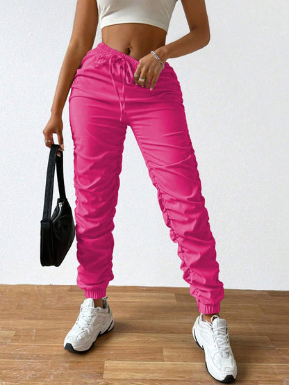 Solid Drawstring Pleated Long Pants