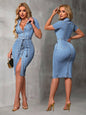 Women'S Solid Color Simple Casual Short Sleeve Denim Dress