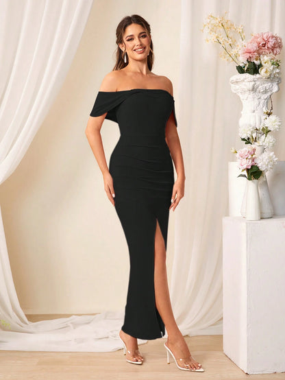 Solid Color Simple Daily off Shoulder Bridesmaid Dress