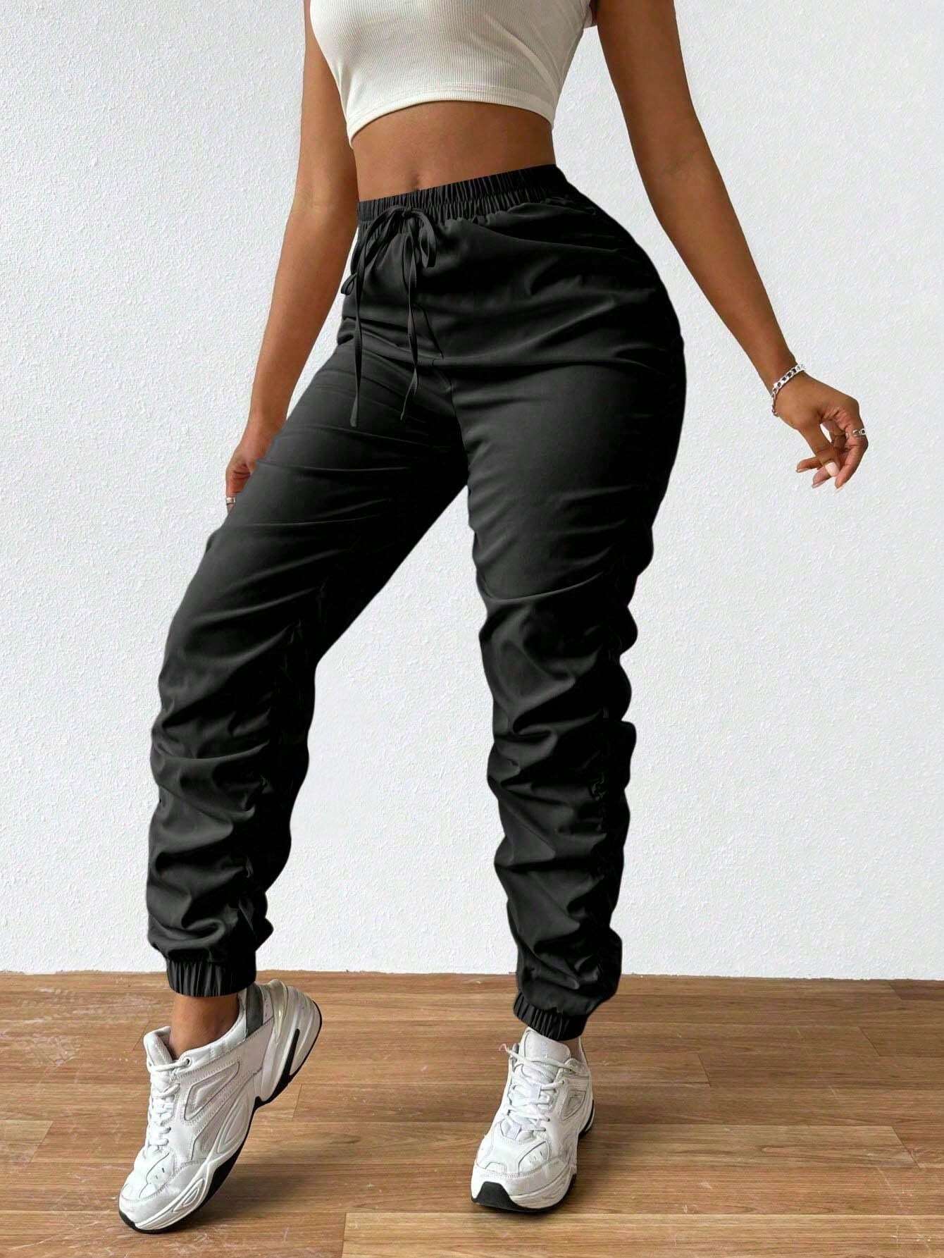 Solid Drawstring Pleated Long Pants