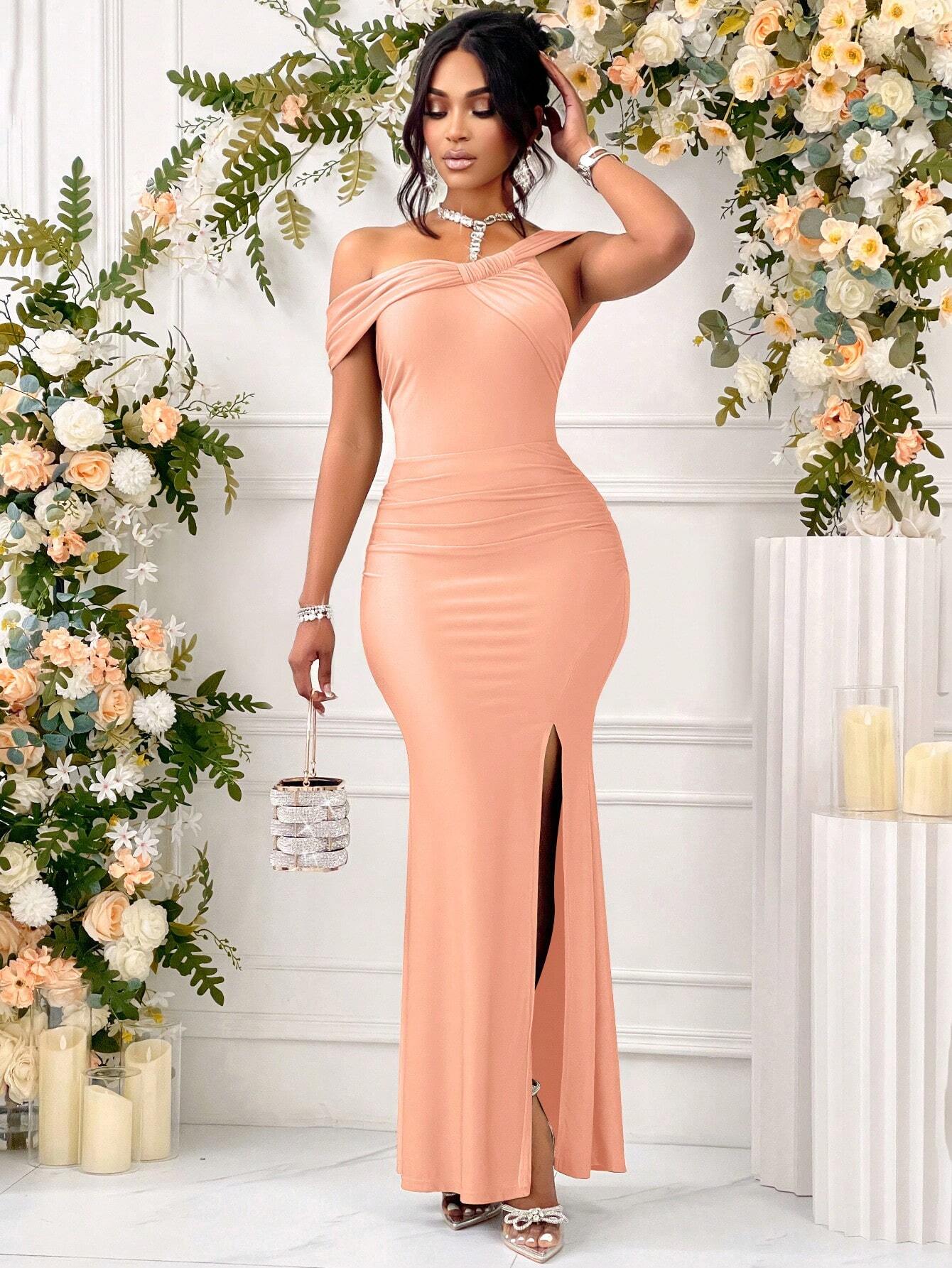 Belle One Shoulder Solid Ruched Slit Thigh Formal Dress Asymmetrical Button Mermaid