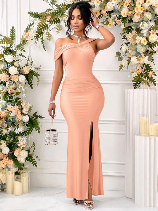 Belle One Shoulder Solid Ruched Slit Thigh Formal Dress Asymmetrical Button Mermaid