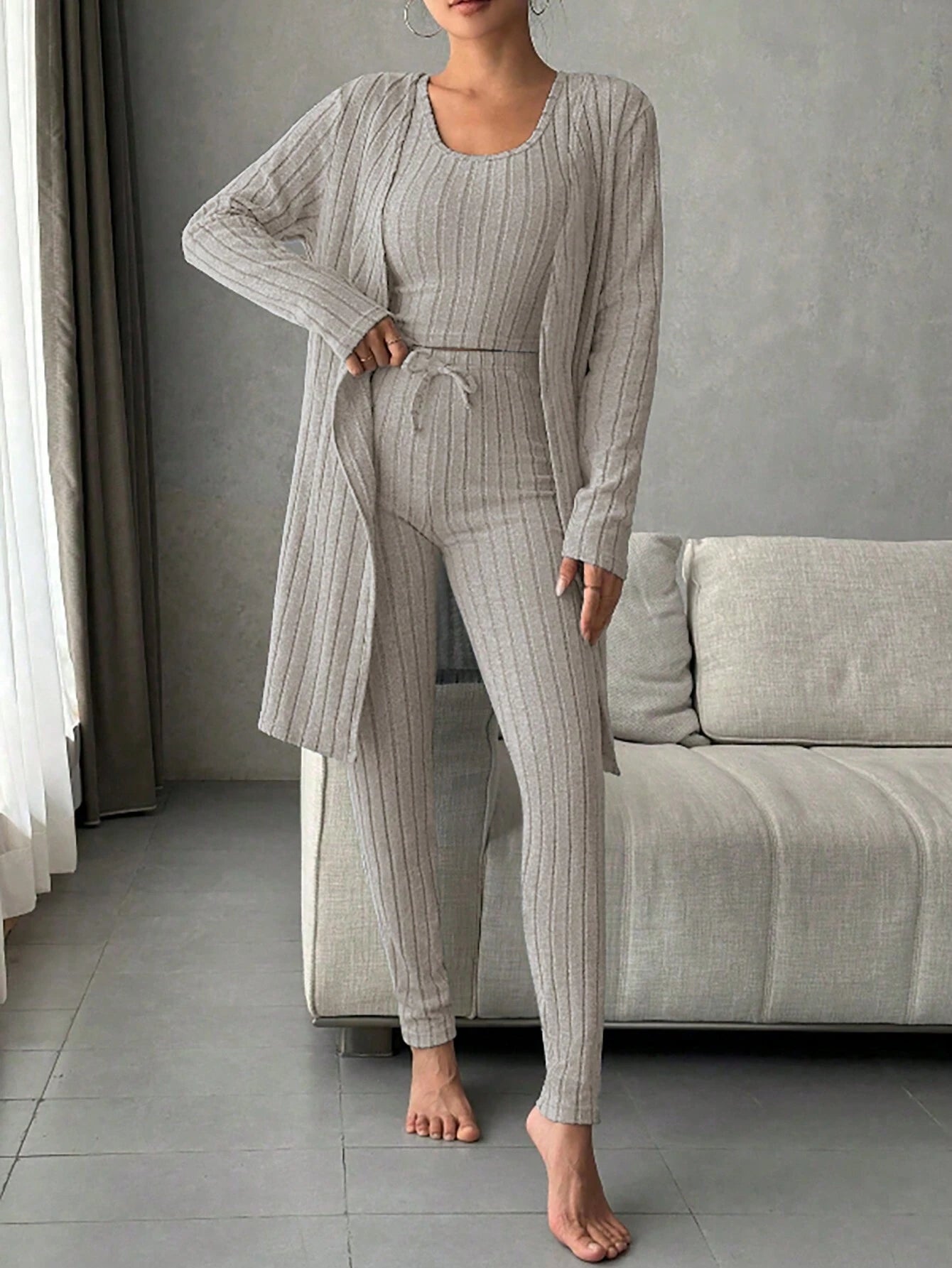 Women'S Solid Color Rib Knit Vest, Long Pants & Coat Three-Piece Set for Home Wear