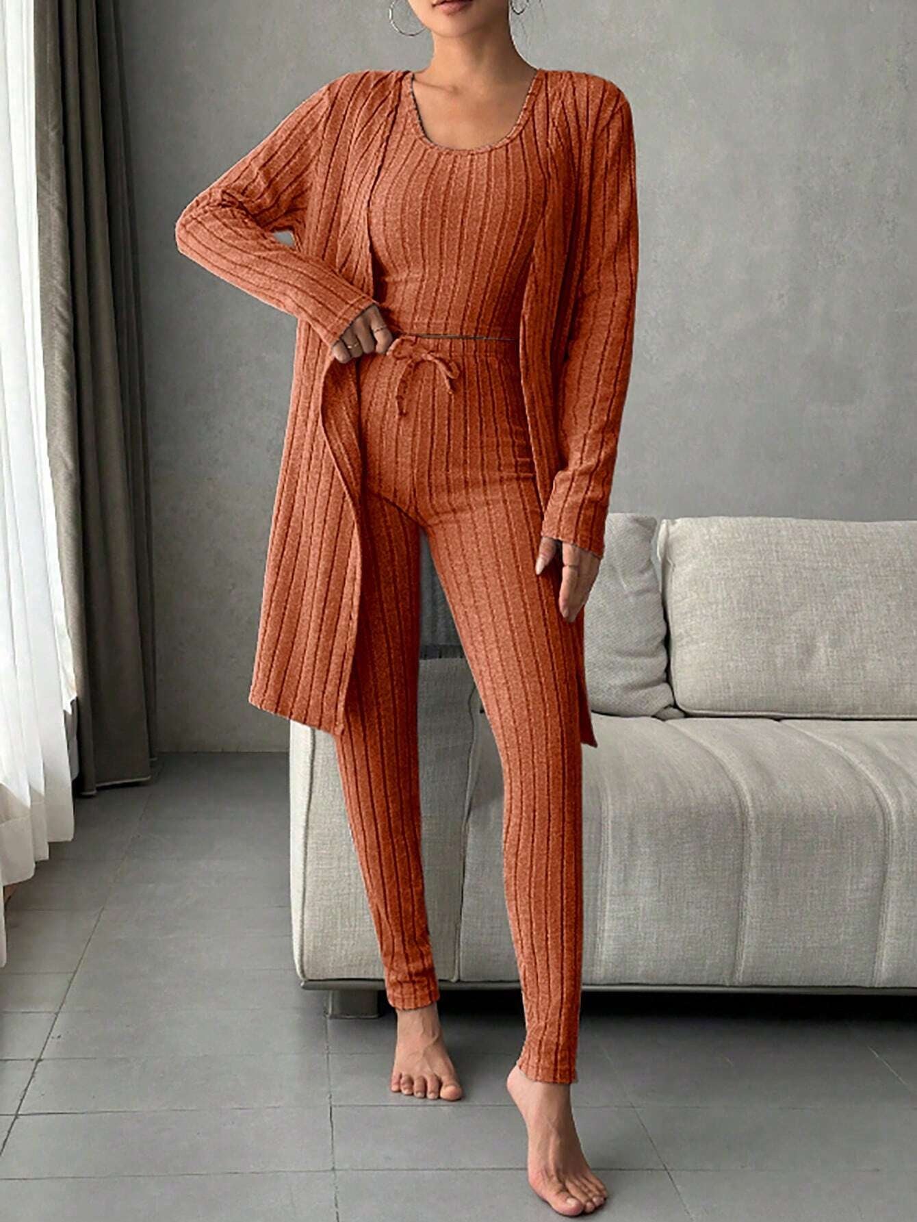 Women'S Solid Color Rib Knit Vest, Long Pants & Coat Three-Piece Set for Home Wear