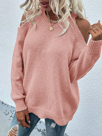 LUNE Cold Shoulder Ribbed Knit Sweater