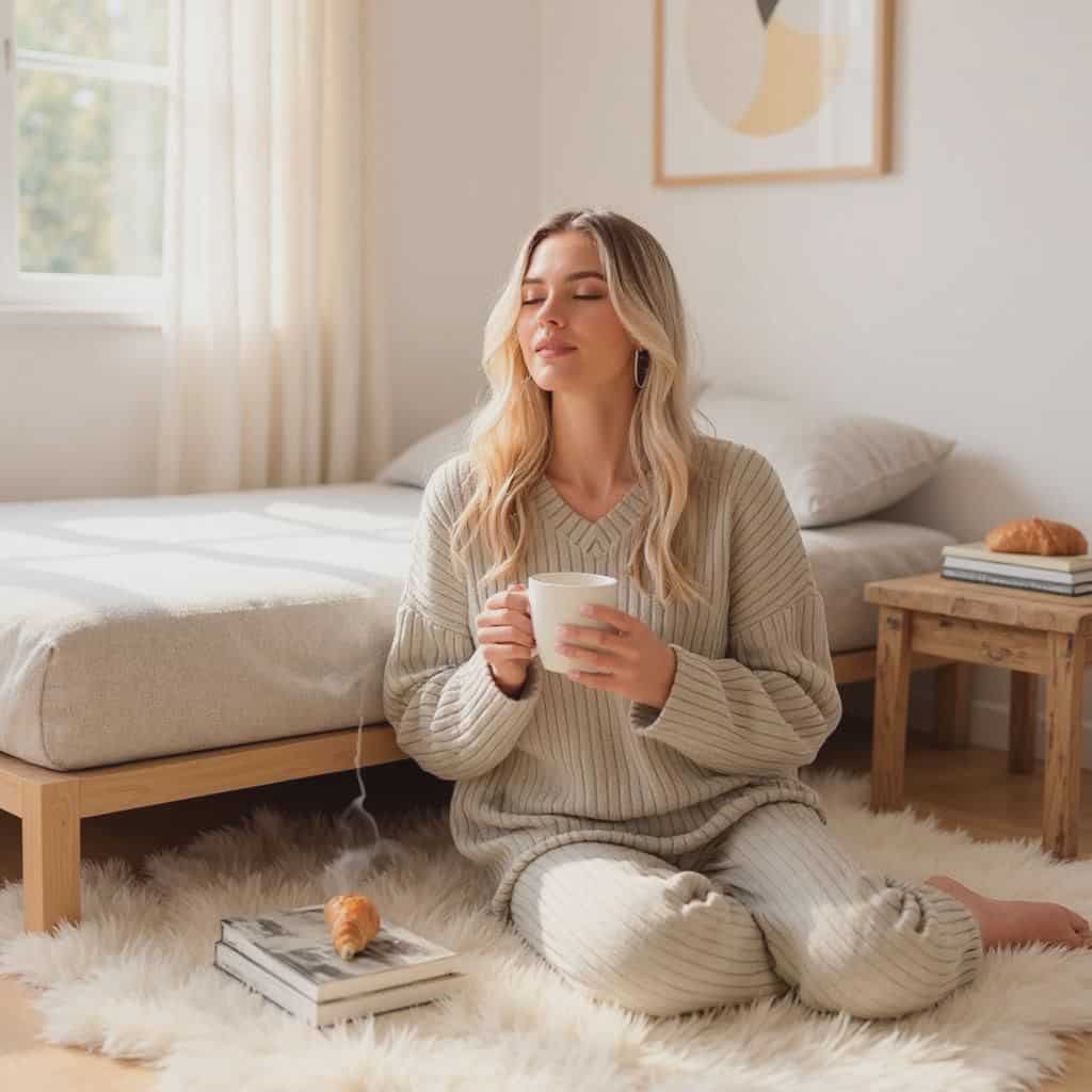 Casual 2 Pieces Loungewear Loose V-Neck Long Sleeve and Knitted Straight Pants