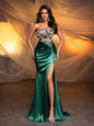 Belle Luxurious Sexy Beaded Floral Patchwork Stretchy Satin Evening Gown with Fish Tail High Slit