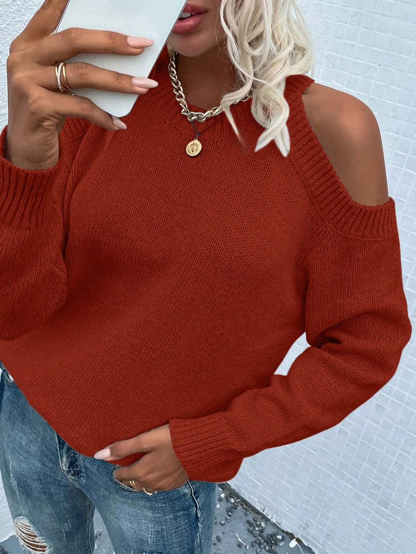 LUNE Cold Shoulder Ribbed Knit Sweater