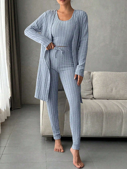 Women'S Solid Color Rib Knit Vest, Long Pants & Coat Three-Piece Set for Home Wear