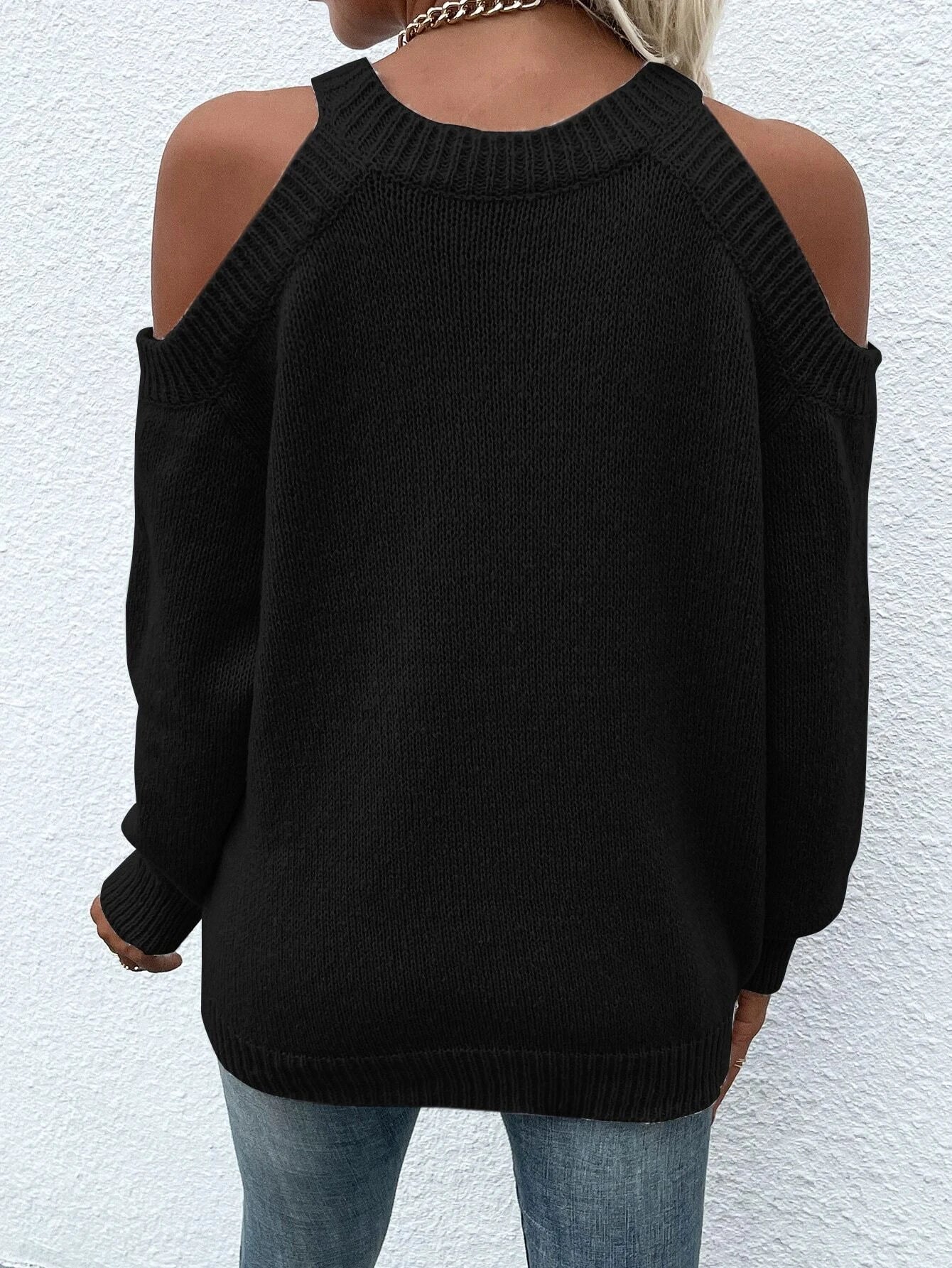 LUNE Cold Shoulder Ribbed Knit Sweater