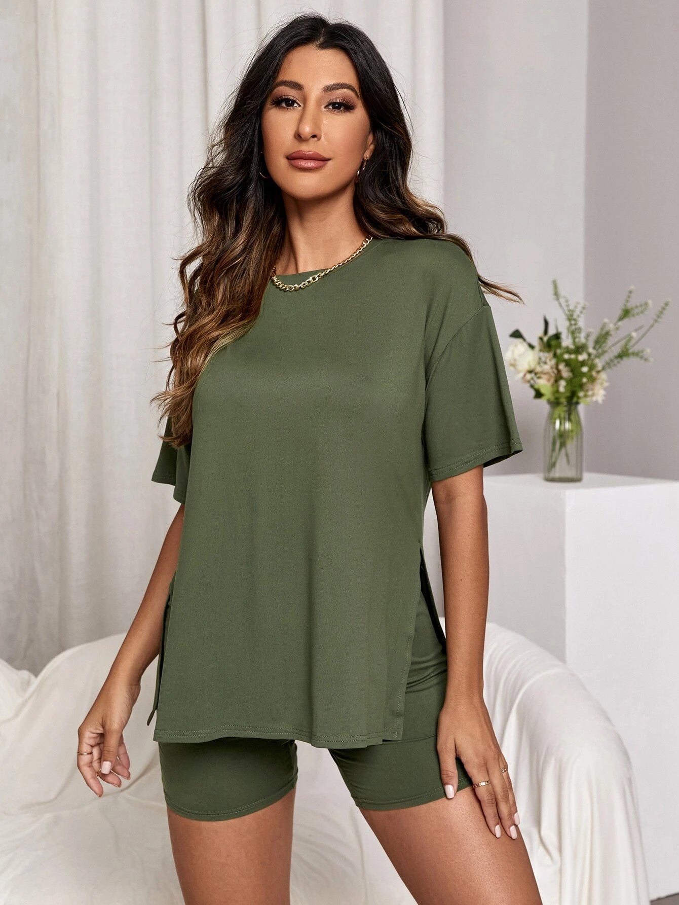 Drop Shoulder Split Hem Tee & Shorts Lounge Set