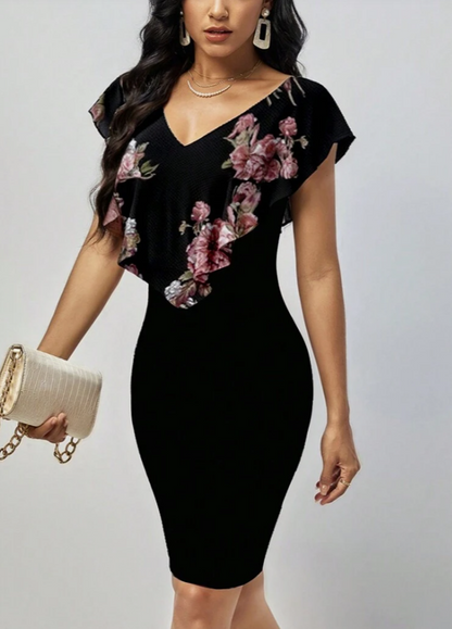 Floral Print Ruffle Trim Bodycon Dress Ruffle Skirt