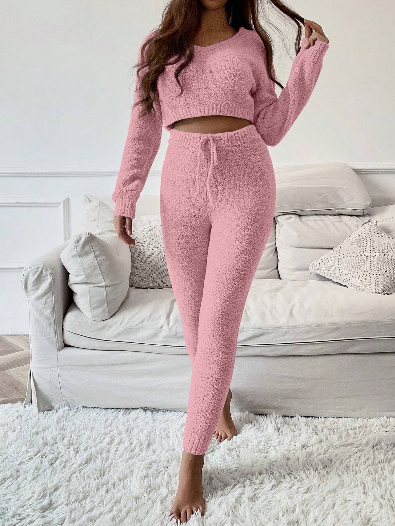 Essnce V Neck Crop Sweater & Tie Waist Knit Pants Set