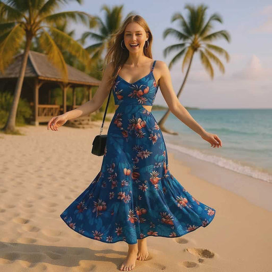 Floral Print Backless Boho Maxi Dress