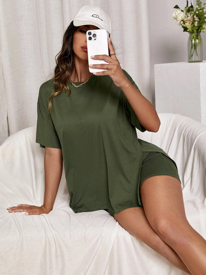 Drop Shoulder Split Hem Tee & Shorts Lounge Set