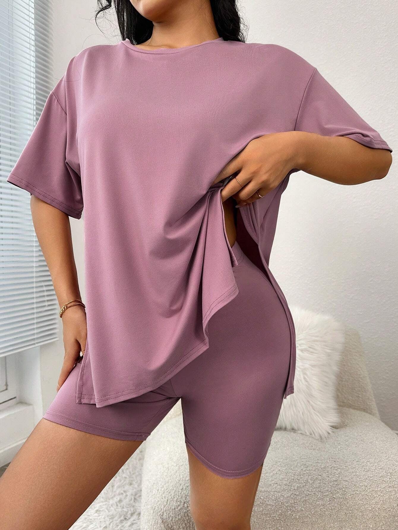 Drop Shoulder Split Hem Tee & Shorts Lounge Set