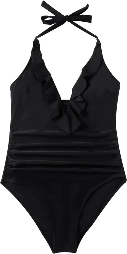 Women Sexy Halter One Piece Swimsuits Ruffle Tummy Control Bathing Suit