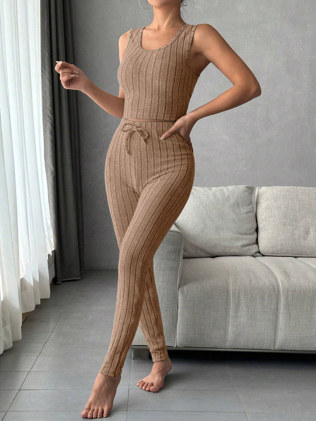 Women'S Solid Color Rib Knit Vest, Long Pants & Coat Three-Piece Set for Home Wear