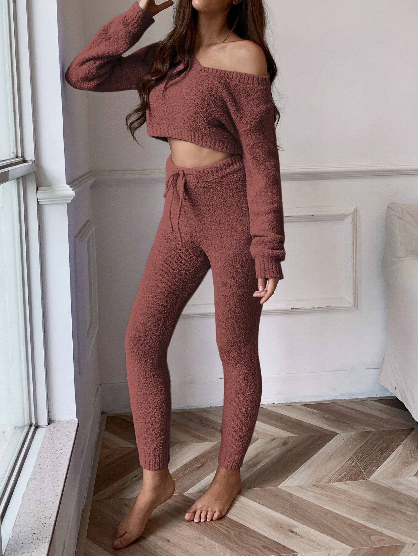 Essnce V Neck Crop Sweater & Tie Waist Knit Pants Set