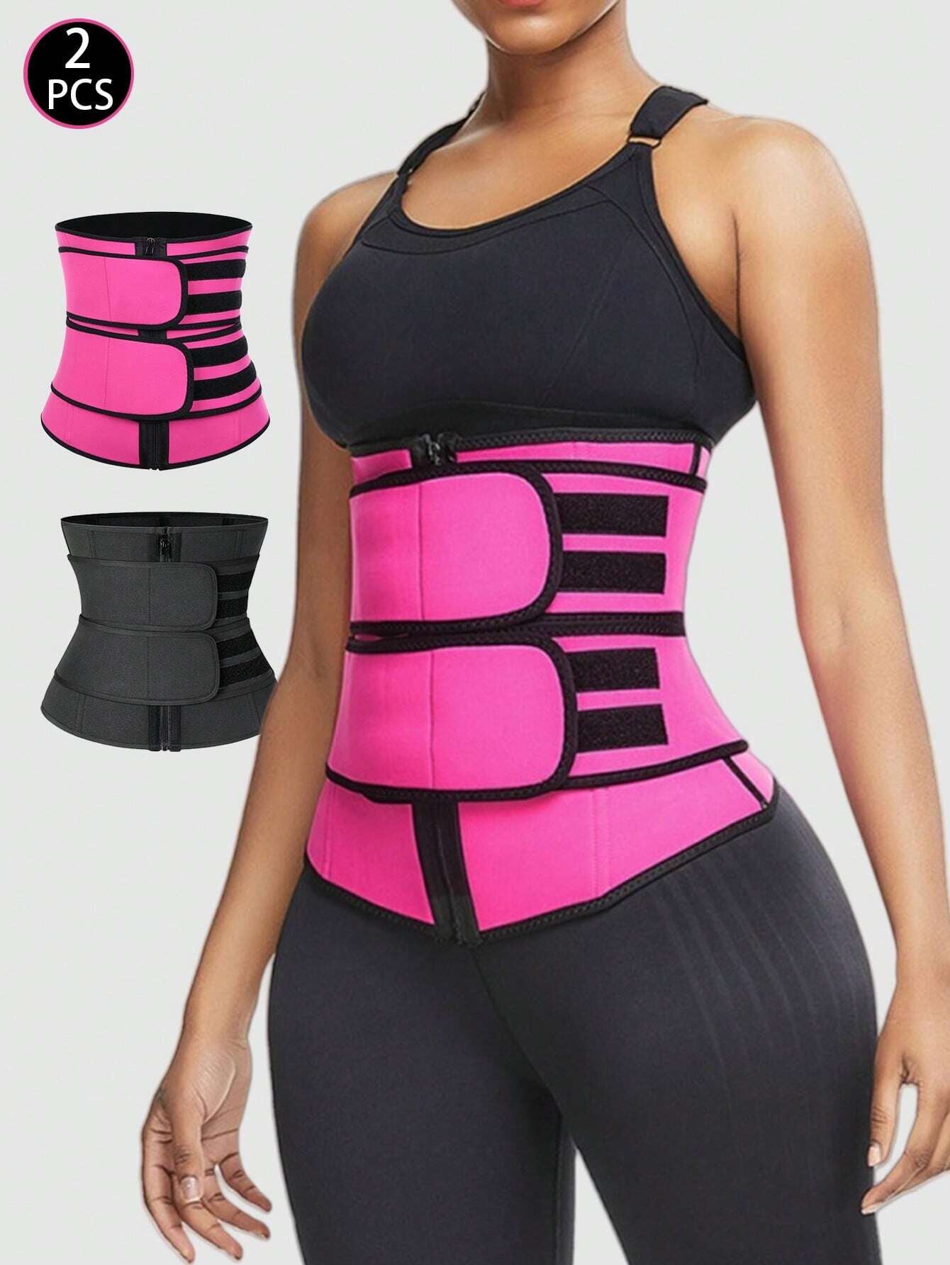 2Pcs Women'S Body Shaper Waist Trainer Belt, Zipper with Magic Paste and Dual Waistbands for Slimming Tummy and Waist