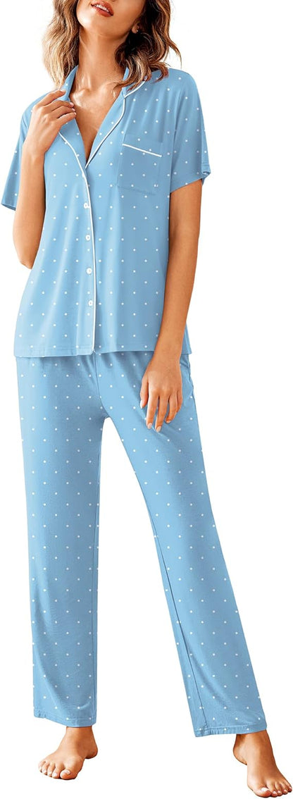 Women Pajamas Set Notch Collar Soft Sleepwear Pjs Short Sleeve Button Down Nightwear with Long Pants